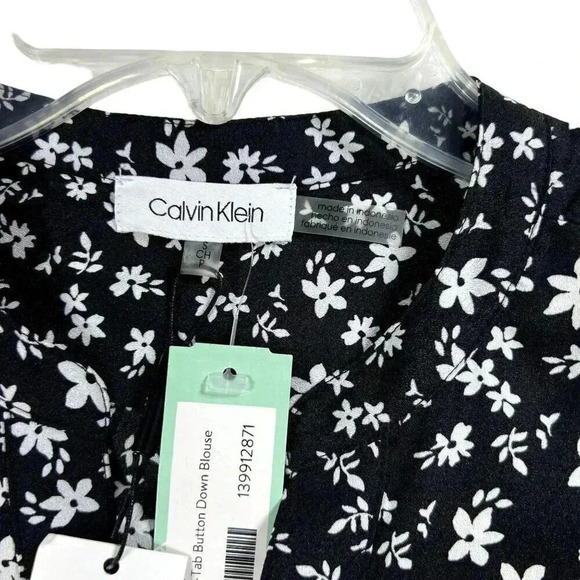 Calvin Klein Womens Blouse S Black White Floral Button Down Top Career Business - Picture 10 of 13